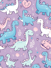 Kawaii pastel pattern with cute dinosaurs