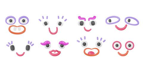 Set of 3d joyous and quirky characters emojis in plastic style. Doodle wondering eyes with smile, lips. Playful geometric shapes, funky stickers, childish comic elements. Vector illustration.