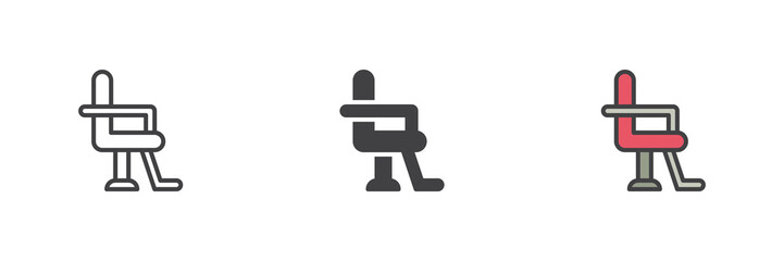 Barber styling chair icon set in line, solid and filled outline style