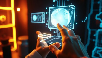 Hands Interacting with Holographic Interface Displaying Global Data and Human Form