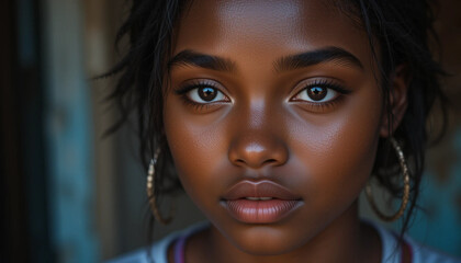 Close-up Portrait of Young African American Woman with Hoop Earrings