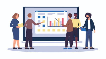 Diverse group of professionals collaborating on a presentation with bar charts and data visualization displayed