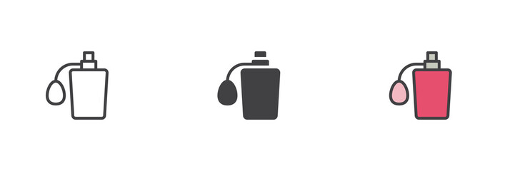 Cologne bottle icon set in line, solid and filled outline style