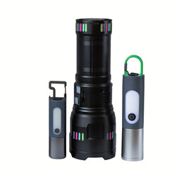 Set of three modern LED flashlights in different sizes and styles. Compact, powerful, and portable lighting solutions ideal for camping, hiking, or emergency use.