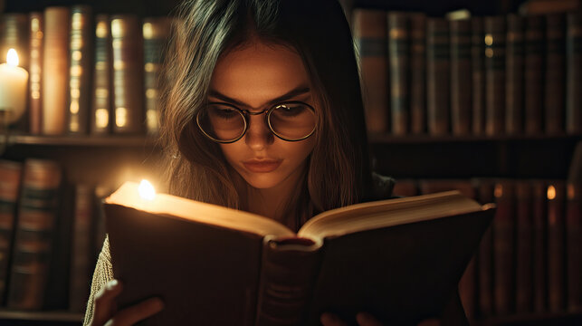 A Mysterious Woman Engrossed in a Book While Reading in a Dimly Lit Library Surrounded by Candles