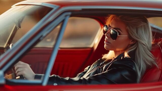 Blonde woman driving a sports car with a red interior wearing black sunglasses