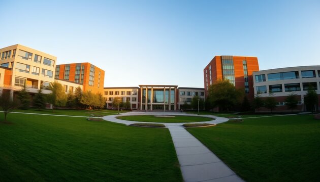 Modern College Campus with Green Lawn and Buildings at Sunset