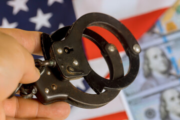 Policemen holds handcuffs in serious indoor setting blurred US flag counterfeit US money create...