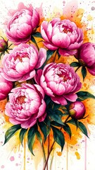 Watercolor art splashes pink beautiful flowers peonies