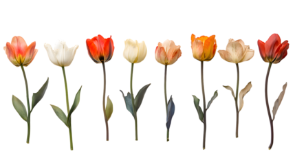 Eight Tulips in a Row, Color Progression, Botanical Photography isolated on transparent background