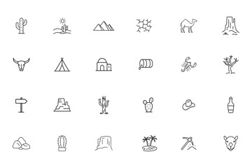 Desert and wild west line icon set, nature, landscape, and adventure vector collection