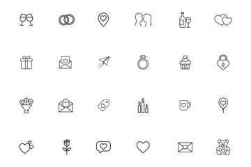 Love and romance line icon set, valentine's day, wedding, and relationship outline symbols, vector collection