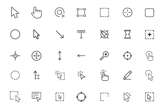 Cursor and pointer line icon det, UI and UX selection tools, computer arrow and click symbols, vector collection