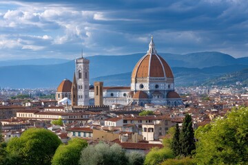Fototapeta premium Florence skyline features its iconic Duomo dome bell tower and terracotta rooftops set against distant hills