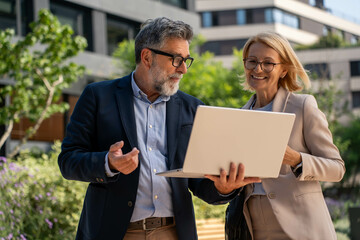 Successful Mature Businessman and Businesswoman with Laptop Outdoors, Happy and Confident in Beautiful Business District