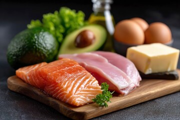 Food arrangement on wooden board Salmon poultry cheese eggs avocado lettuce oil