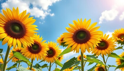 Obraz premium Sunflowers, bright blue sky, cloud blossoms mirroring blooms, texture, optimism
