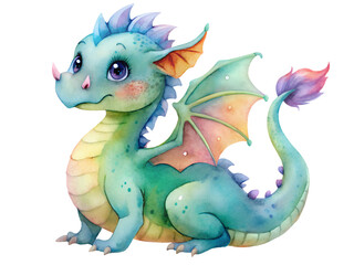 Adorable Watercolor Baby Dragon with Rainbow Wings on Transparent Background