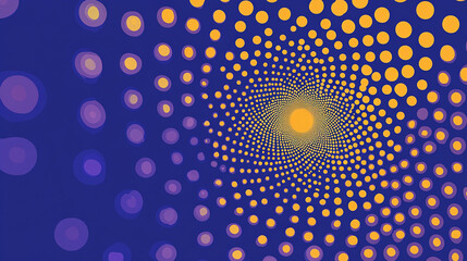An optical illusion pattern with purple and yellow dots spinning in the center, creating an effect of movement on a blue background.
