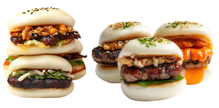 Bao slider trio with different fillings on white background