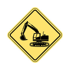 Excavator Construction Warning Sign – Yellow Diamond Road Sign with Black Silhouette of Digger Vehicle, Isolated Vector on White Background
