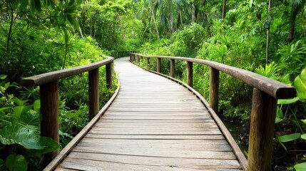 Winding Wooden Walkway Through Lush Tropical Foliage Path Nature Green