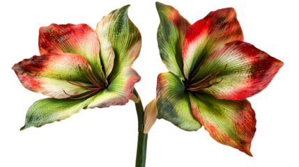 Beautiful amaryllis flowers blooming vibrant red and green floral arrangement on transparent background