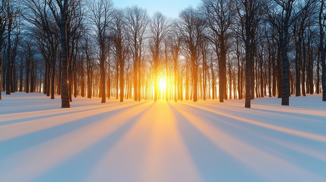 Winter sunset in a snow covered forest bare trees and long shadows Landscape - Powered by Adobe