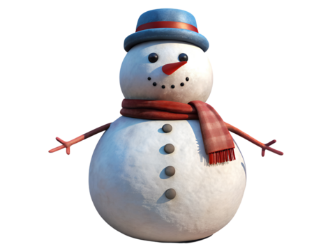 Charming 3D Render of a Snowman Wearing a Blue Hat and Red Scarf