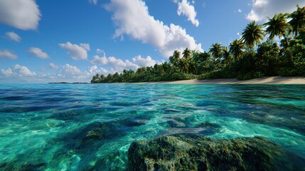Tropical beach scene Clear turquoise water palm trees and sandy shore under a sunny sky