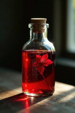 Deep red iresine herbstii in small glass bottle, water, home, plant care, vivid