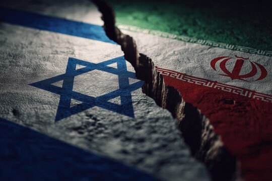 Israeli and Iranian flags cracked apart symbolize conflict tension geopolitical relations Middle East crisis