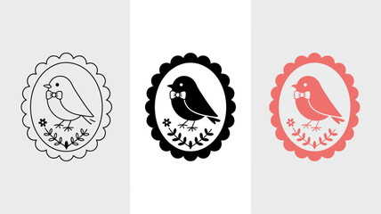 Cute bird illustration vector design with bow tie and floral elements in decorative frame design editable stock vector