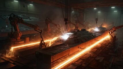 Submarine construction in a high-tech shipyard with sparks flying