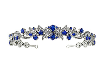 Silver tiara with blue gems and smaller white diamonds set against a black background