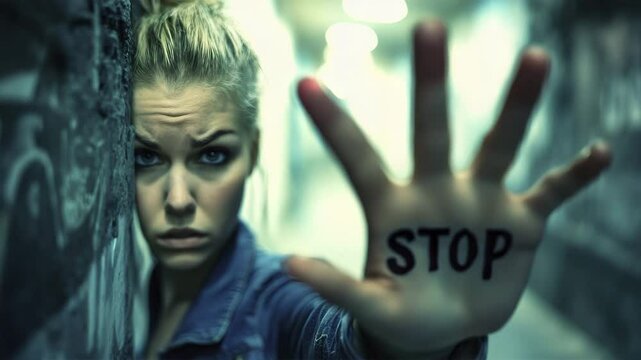 A woman with blonde hair and blue eyes holds her hand in front of the camera. The word "STOP" is written on her hand in black ink as a sign of protest. She looks angry and serious, hurt and scared.