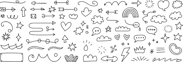 Hand Drawn Doodle Vector Set Arrows Hearts Stars Clouds for Decoration