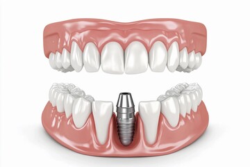 Obraz premium Dental implant positioned securely in the jaw surrounded by natural teeth demonstrating effective oral restoration