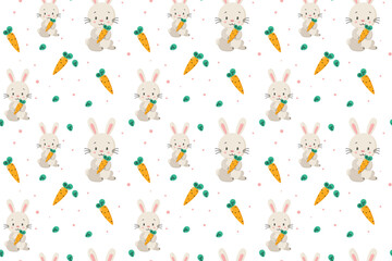 Seamless cute pattern featuring an adorable bunny holding a carrot in a flat cartoon style. Perfect for children`s fabrics, baby clothes, scrapbooking, nursery prints, and packaging.