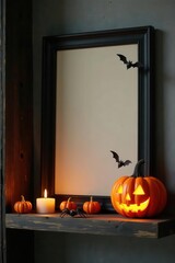 Obraz premium Rustic Halloween shelf scene Black frame, jack-o'-lantern, spiders, candle, bats , copy space, photography