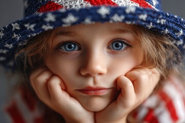 Girl with blue eyes resting chin on hands wearing a hat with red white and blue pattern