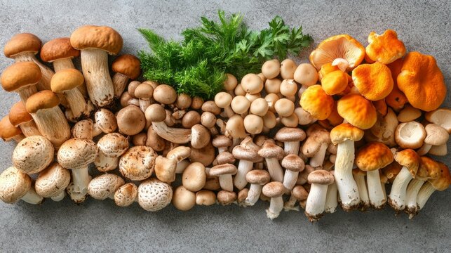 A variety of mushrooms on a gray background, great for cooking blogs and healthy eating articles.