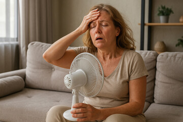 Mature woman cooling down with fan at home during hot summer day