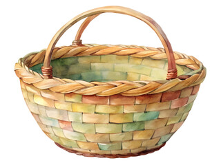 Obraz premium Pastel Watercolor Woven Basket with Handles on Transparent Background
