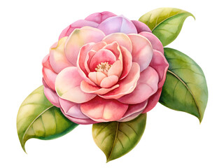 Pink and Red Camellia Watercolor Painting with Green Leaves on White Background