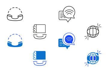 Communication line and flat icon set. Speak, phone, mail, contact, chat, website, satellite, radio, online conservation, social media message concepts, message icons. Editable vector illustration