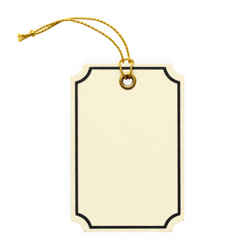 Blank gift tag with gold string isolated on transparent background