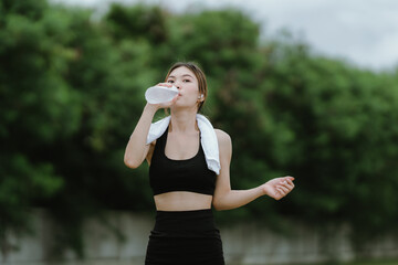 A fit and focused woman jogs outdoors in a serene green park, wearing activewear and earphones,...
