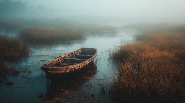 Abandoned boat in the middle of a swamp