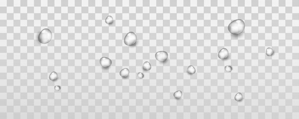 Realistic drops on a transparent background. Rain and dew. Realistic vector water drops png on a transparent light background, water drop, drops, droplets.Vector.